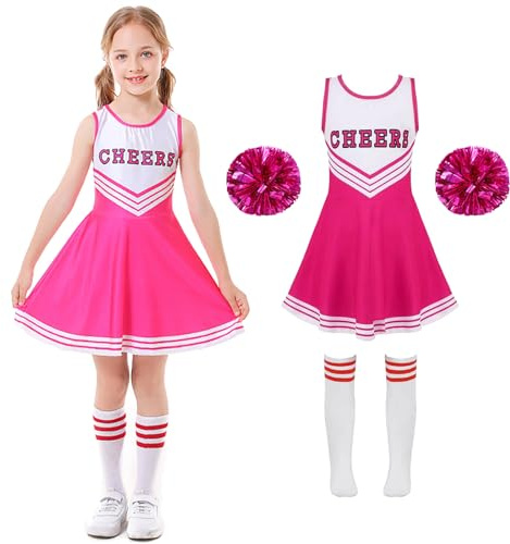 XFOZDM Cheerleader Kostüm Kinder Kleid Mädchen Cheer Uniform Mit Pompoms Und Kopfschmuck Outfit Für Faschingskostüme Halloween Karneval, Rosa 130