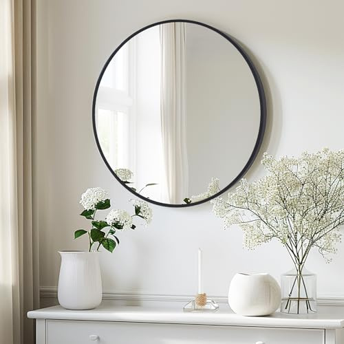 LunaMirror Runder Wandspiegel 60 x 60 cm, stilvoller schwarzer Aluminiumrahmen, zum Aufhängen für Badezimmer, Flur, Eingang, Wohnzimmer
