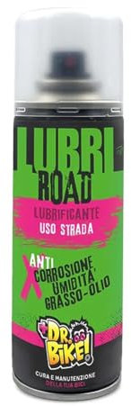 DR. BIKE Lubri Road 200ml. Lubrificante spray uso strada road. Superlubrificante per parti metalliche. Dissolve i depositi di olii, grassi. Barriera anti-corrosione e umidità. Olio catena bici.