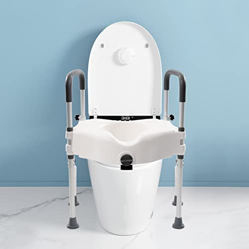 Rialzo per sedile WC con braccioli regolabili e telaio di sicurezza per anziani e disabili, girevole a 170°, altezza bianca, maniglia di supporto per la mobilità inclusa