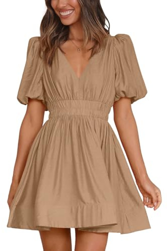 BWQ Women Mini Dress Short Puff Sleeve Sexy V Neck Dress A-line Elastic High Waisted Casual Flowy Party Dresses Khaki XL