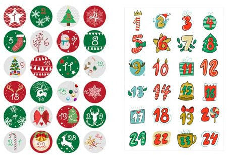 2 Blatt Weihnachts-Adventsaufkleber, 24 Tage Weihnachts-Countdown-Aufkleber, 1-24 Weihnachts-Cartoon-Nummern-Aufkleber, Weihnachtsaufkleber Countdown-Etiketten für Geschenk-Tasche-Box-Deko