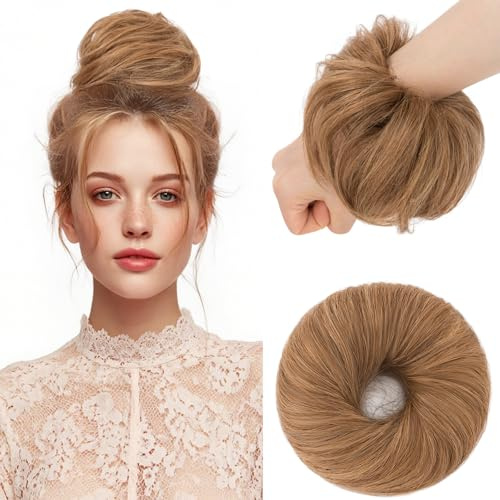 Elailite Chignon Finto Per Capelli Liscio Posticci Capelli Veri Spettinato Con Elastico Hair Bun Extension 25g #6 Marrone Chiaro