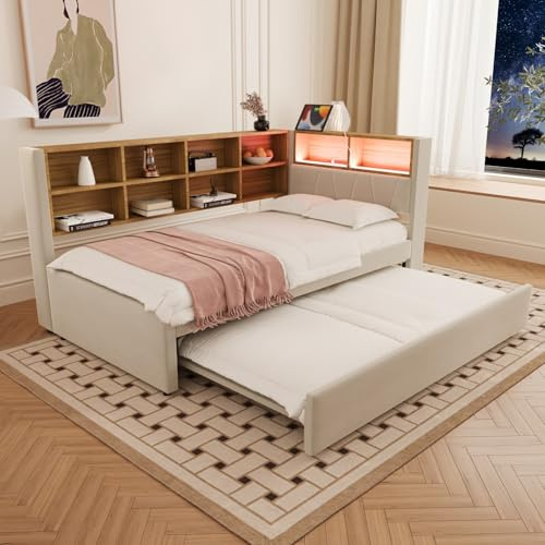 KOMHTOM Modernité Canapé-lit Rembourré avec lit gigogne Lit LED avec Compartiments de Rangement, Port de Charge et Tête, Flanelle(sans Matelas) (Beige-90x200cm)