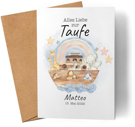 Kiddle-Design Karte Taufe Personalisiert Arche Noah Junge Mädchen Taufgeschenk Taufkarte Patenkind Glückwünsche zur Taufe Glückwunschkarte
