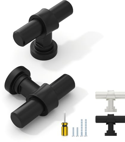 ELEBUILD 10 Pack Matt Black Cabinet Knobs, T Bar Single Hole Handles | Modern Cupboard Knobs for Kitchen, Chest of Drawers, Bathroom Vanities, & Wardrobe Doors, Home & DIY Projects
