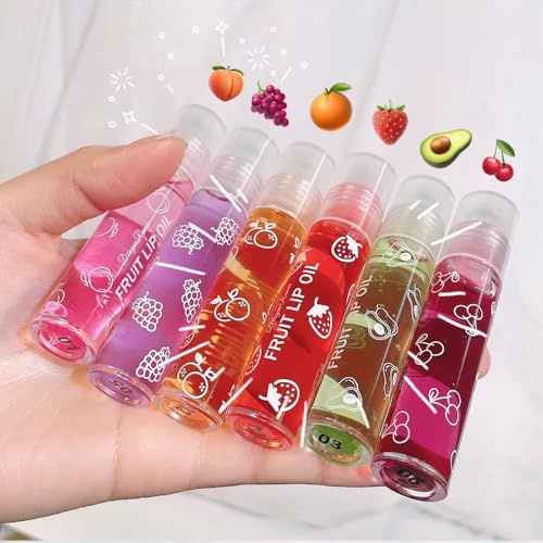 FRUIT LIP OIL SET- 6 pack (8ml Each), Hydrating gloss with Peach, Organge, Avocado, Strawberry, Grape & Cherry. Non Sticky, Nourishing Shine