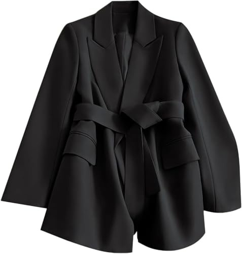 Blazer Casual da Lavoro Vintage Classico Ed Elegante da Donna Blazer da Cocktail Versatile da Ufficio in Tinta Unita alla Moda Coreana con Cintura (Nero,XXL)