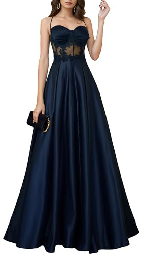 HOMEYEE Damen Elegant Floral Spitze Spaghetti Träger Träger Lang Brautjungfernkleid Abendkleide A-Linie Ballkleid A491 (S, Marineblau)