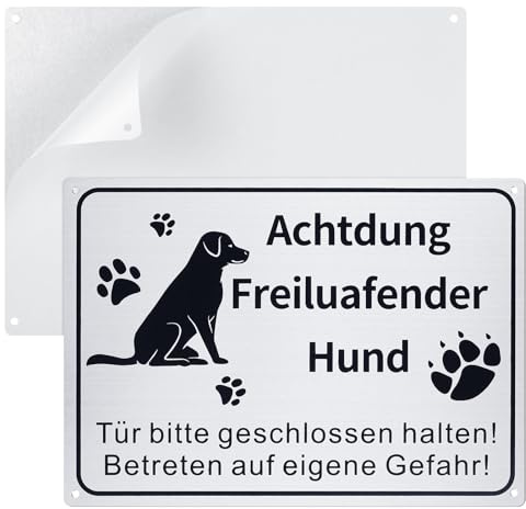 TranRantic 2 Stück Vorsicht Freilaufender Hund Schild, 25x18cm Aluminium Achtung Hund Schild, Vorsicht Hundewarnschilder mit 4 Vorgebohrten Löchern, Rostfrei Wetterfest für Den Innen-und Außenbereich