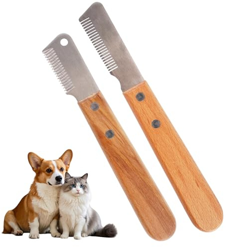 2 Coltello da Stripping a Denti Stretti per Animali Domestici Sottopelo | Professionale Spogliarello Knife Coarse Ergonomic Wooden Stripping Knife, Pettine per Cani con Manico in Legno