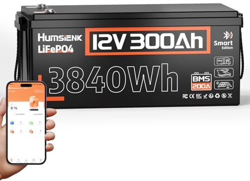 Humsienk LiFePO4 Batteria al Litio 12V 300Ah con Bluetooth, Protezione BMS 200A a Bassa Temperatura, fino a 15000 Cicli, 3840 Wh di energia per Camper, Barca, Sistema Solare, Off-Grid