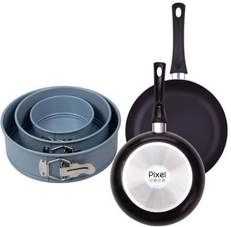Juego de 2 Sartenes Ø20Ø24cm en aluminio prensado y antiadherente + Set de 3 Moldes de horno redondos Ø12Ø18Ø22cm PIXEL Chef Sauce