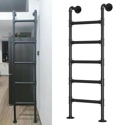 ZENSTYW Escalera De Ático Montada En La Pared,Escalera De Entrada Y Salida De Altura,125-150cm,Escalera De Metal Negro Ignífugo,para Dormitorio,Biblioteca,Almacén,Terraza(125cm/49.2in)