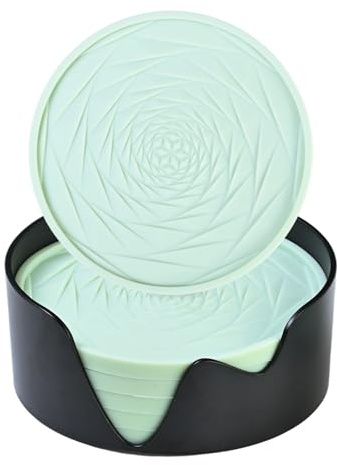 Kaiyzo Set de Posavasos de Silicona, 6 Posavasos Redondos con Aro Antidesbordamiento, Antideslizante Resistente al Calor, Base de Almacenamiento Incluida, Verde