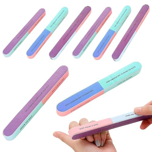 8 Pack Nail File & Buffer Set 7 Sided Multi Grit Manicure Kit for Gel Nails | Reinforced sponge build, graded grits for shaping to glossy finish; gentle on natural & acrylic nails, washable and reusable