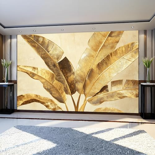 Carta da Parati 3D Foglie di banano 350 x 256 cm Fotomurale Oro in TNT Decorazione da Parete Moderna per Camera da Letto e Soggiorno