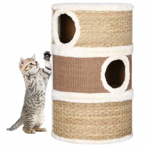 Kratztonne für große Katzen mit weichem Plüsch und Seegras-Kratzfläche als geräumige Katzen-Kratztonne