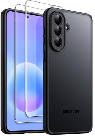 JETech 3-i-1 Matte Skal för Samsung Galaxy A57, Svart | 2 Skärmskydd av Härdat Glas, Kameralinsskydd, Frostat Genomlysande Mobilfodral