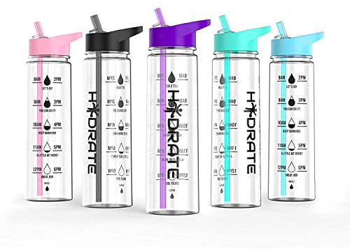 HYDRATE Motivational premium 900ml Straw Water Bottle - Daily water intake with Time Markings as reminder, BPA-Free. Leak proof Ideal for hydration at office, gym. (Purple)