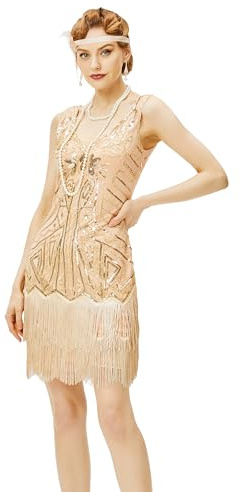 BABEYOND Abito da Cocktail da Donna con Scollo a V, Champagne & Oro, XS