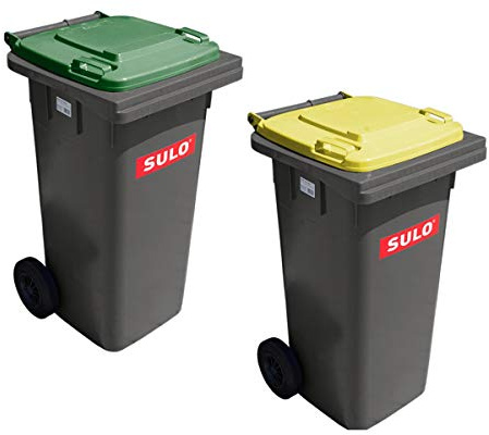 SULO Lote de 2 Cubos de Basura 2 Ruedas, contenedores 120 L Gris con Cubiertas Verde e Amarillo (22147+22149)
