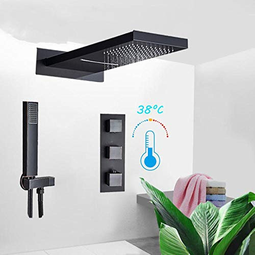 Huin Schwarzes Thermostat-Badezimmer-Duschsystem Niederschlagswasserfall-Duschkopf 3 Griffe Thermostatisches Badezimmer-Duschset Quadrat