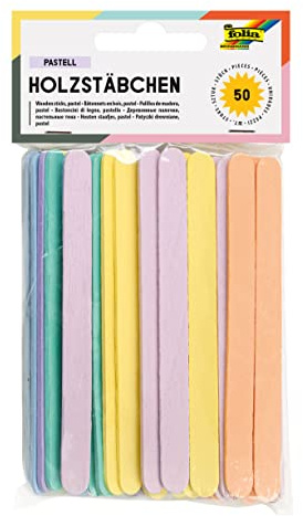 folia 2288 - Palillos de madera pastel, aprox. 11,4 x 1 x 0,2 cm, 50 unidades, en 6 colores diferentes, con extremos redondeados, ideales para decorar, manualidades o aprender números, multicolor