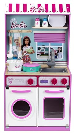 Theo Klein 7312 Barbie Holzküche mit integriertem Puppenhaus 2 in 1 I Spielküche mit Herd, Waschmaschine und Zubehör I Maße: 45 cm x 40 cm x 85 cm I Spielzeug für Kinder ab 3 Jahren