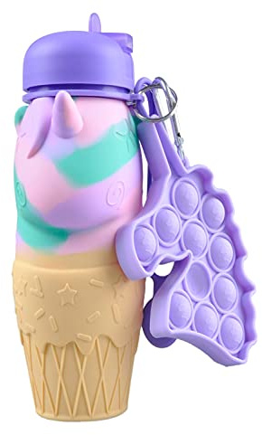 CARESWAY Unicorn Water Bottle for Girls and Boys with Keyring - 500 ml Kids Drinking Bottle with Spout for School - Collapsible Leakproof BPA Free for Children Drinks