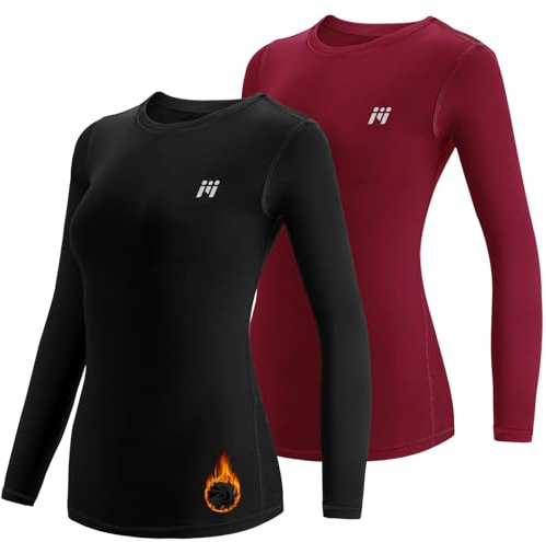 MEETWEE Tee Shirt Thermique Femme, Manche Longue Maillot de Compression Base Layer sous-Vêtements Thermique pour Sports Ski Running