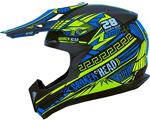 Broken Head Division MX Motocross-Helm - Motorradhelm für Supermoto, Quad - Crosshelm, Neon-Gelb-Türkis (L (59-60 cm))