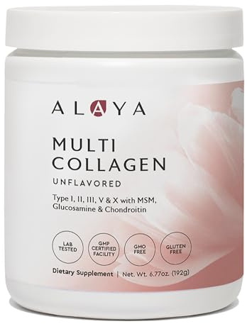 Alaya Multi Collagen Powder - Supports Hair, Skin, Nails & Bone Health for Women and Men - 5 Types Hydrolyzed Collagen Peptides Protein Powder Supplement with MSM + Glucosamine (20 Serving)