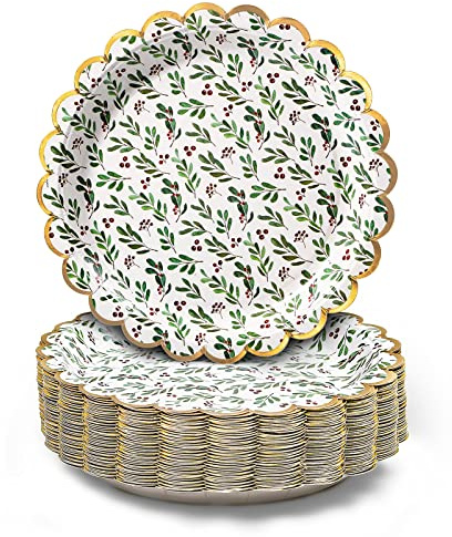 Confettiville Platos de papel para Navidad, 50 unidades, accesorios de fiesta navideña desechables, acebo, lámina dorada, borde festoneado, 22,9 cm