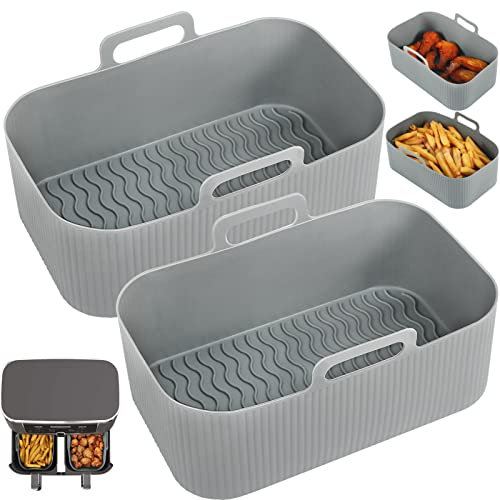 YQL Air Fryer Silicone Liner for Ninja/Tower Dual/Instant Vortex, Silicone Air Fryer Liners Reusable Air Fryer Accessories for Ninja Foodi AF300UK, Salter Dual Air Fryer (2PCS), Grey