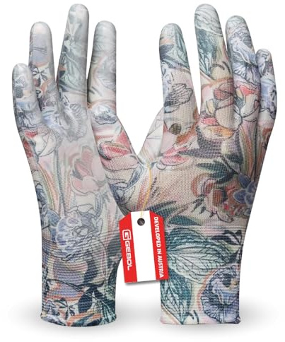 Gebol Miss Flower, 1 Paar Gartenhandschuhe mit Blumen-Muster, Arbeitshandschuhe mit transparenter Beschichtung & guter Passform, für Damen, Gr. M/8, Bunt