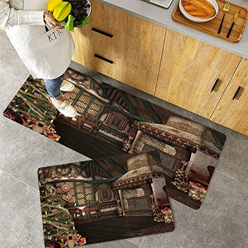 Küchenteppich Teppich Läufer Küchenläufer 2 Stück rutschfest,Weihnachten, Innenansicht eines Weihnachtsmistel-Weihnachtsfestbildes, Taupe Brown,, Waschbar für Flur Küche 40 x 100 cm+40 x 60 cm