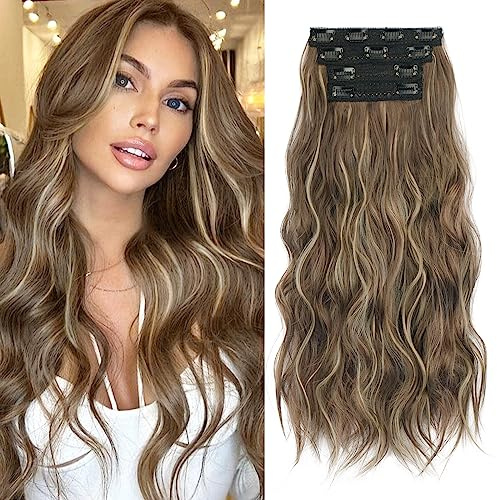 Sofeiyan Clip in Extensions 4PCS Haarteile lange gewellte synthetische Haarverlängerung natürliche Clip in Faser Haarteil Weich Spitze Schuss Haar Extensions Clip in Haarteil für Frauen, 50cm