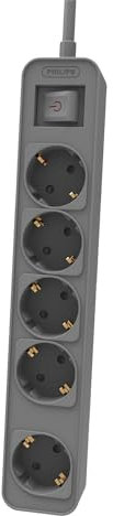 Philips Regleta CHP2154G/10 - Regleta de 5 Enchufes, Cable de 1.5 Metros, Interruptor Principal, Cierre de Seguridad Automático, Indicador LED de Alimentación - Color Gris