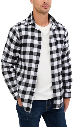 Chemisier Carreaux Coton Homme Chemise Bûcheron Western Veste à Carreaux en Flanelle T Shirt Manches Longues Casual Décontractée Classique Retro Ecossaise Gilet Blouse Blanc Noir M