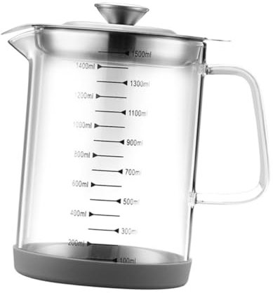 BESTonZON Ölbehälter Aus Borosilikatglas Mit Deckel Und Filter 1,5l Küchenaufbewahrung Für Öl Praktischer Öl Vorratsbehälter Mit Griff Und Messskala