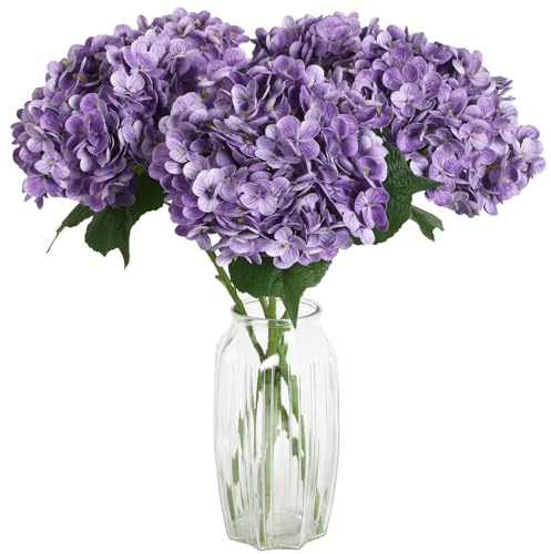 ICBOX 4PCS Real Touch Purple Hydrangea Artificial Flowers 21'' Large Latex Fake Hydrangea Flowers Faux Hydrangea with Stem for Wedding Home Table Centerpieces Indoor Baby Shower Decorations (Purple)