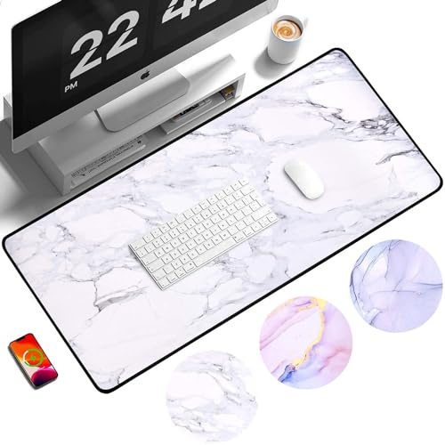 EIMMBD Großes Mauspad, Gaming-Mauspad, Schreibtischunterlage, erweitertes Gaming-Mauspad, 80 x 30 cm, Mauspad mit 3 mm rutschfester Unterseite, für Gaming, Zuhause, Büro, Arbeit (weißer Marmor)