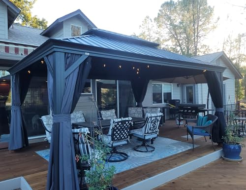 PURPLE LEAF Tonnelle de Jardin Exterieur 4,85 x 3,65 m, Tonnelle Aluminium avec Éclairage Extérieur Intégré et Rideaux Moustiquaires, Pergola avec Gouttière Intégrée et Poteaux Renforcés, Gris