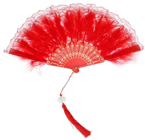 Sourcing Map Feather Hand Fan Red Vintage Folding Fan with Tassels, 43x23cm, 1 Pcs, Wool, Plastic, Halloween, Birthday, Wedding