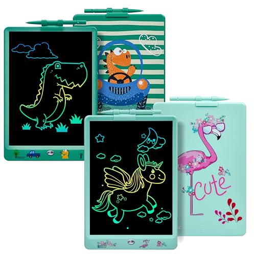 DYNASONIC DYNA-PM pack 2 piezas. Pizarra Escritura LCD Color de 10 Pulgadas para niños. Pizarra infantil magnética para Dibujar. Juguete Educativo. Regalo para niño (Flamenco Dinosaurio)