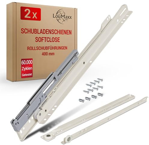 LouMaxx Lot de 2 glissières de tiroir, 400 mm, à fermeture automatique, avec amortisseurs, 1 paire de glissières à roulettes, glissières coulissantes Softclose, coulissantes à roulement facile, en