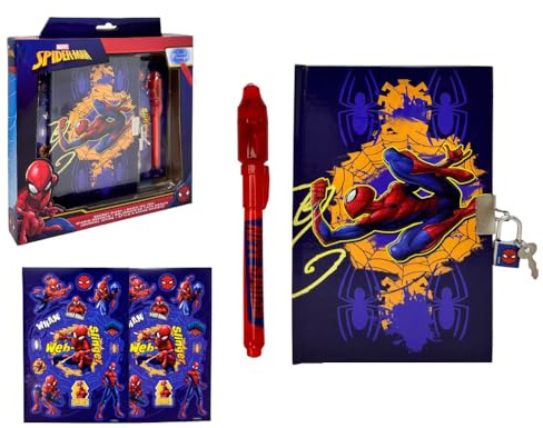 CARTOON Diario segreto per bambini Spiderman Marvel con accessori penna magica adesivi lucchetto con 2 chiavi