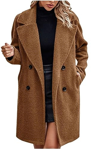 Fleece Jacket Women Sherpa Plush Coat Winter Thick Thermal Outwear Teddy Bear Coats Mid Length Overcoat Warm Soft Fur Outerwear Ladies Open Front Long Jackets Fluffy Fuzzy Overcoat with Pockets