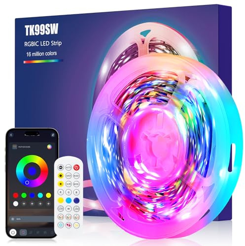 LED Strip 5m, RGB-IC LED Streifen mit App und Fernbedienung, LED TV Hintergrundbeleuchtung Sync mit Musik, USB Led Eingebaut-IC Beleuchtung für Party Schlafzimmer Gaming Deko